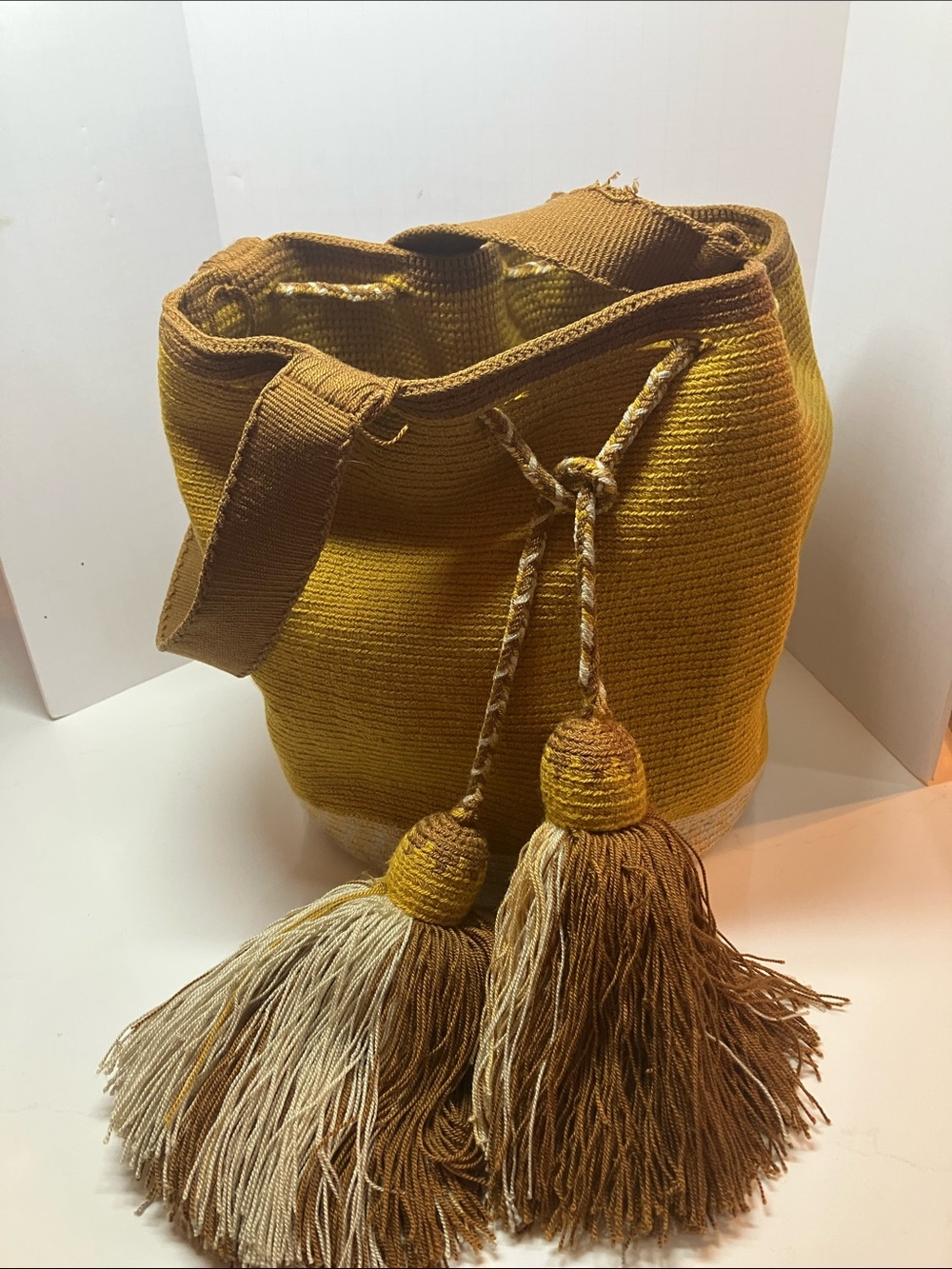 Boho Artesian Woven Tassel Bucket Bag - Mustard Yellow